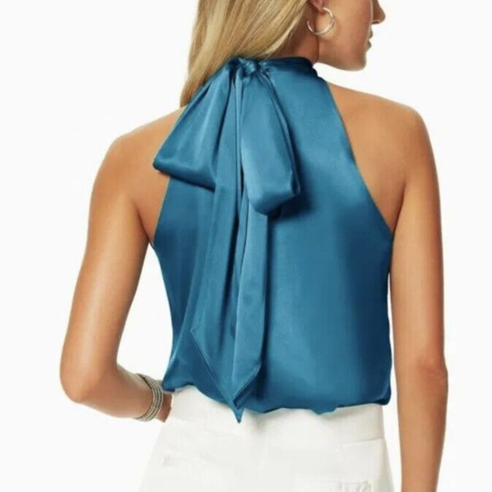Ramy Brook Sz S Lori Blue Silk Stretch Charmeuse Slvless Top Blouse Shirt